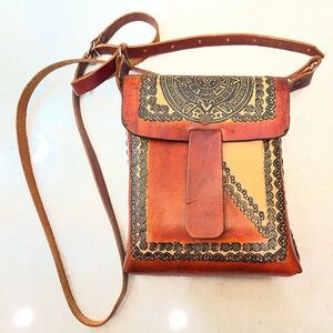 Leather Embossed Aztec Western Style Handmade Mexico Crossbody Bag Brown Tan